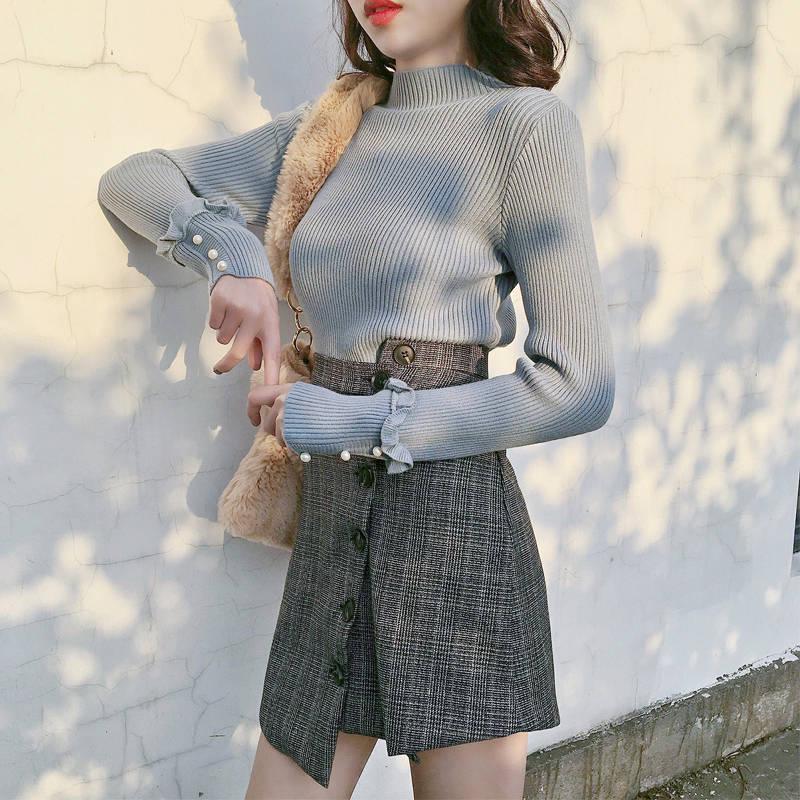 Pofulove Sweater Women's Autumn Long-sleeved Half-high Collar Pullover Knitted Bottoming Slim Shirt
