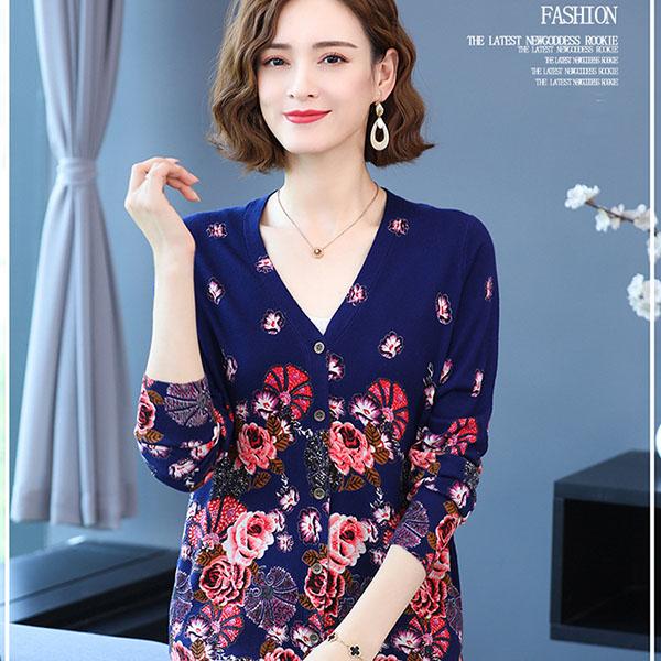 Vintage Print Knit Sweater V-neck Cardigan Sweater Ladies Loose Plus Size Wool Knit Sweater Coat Top