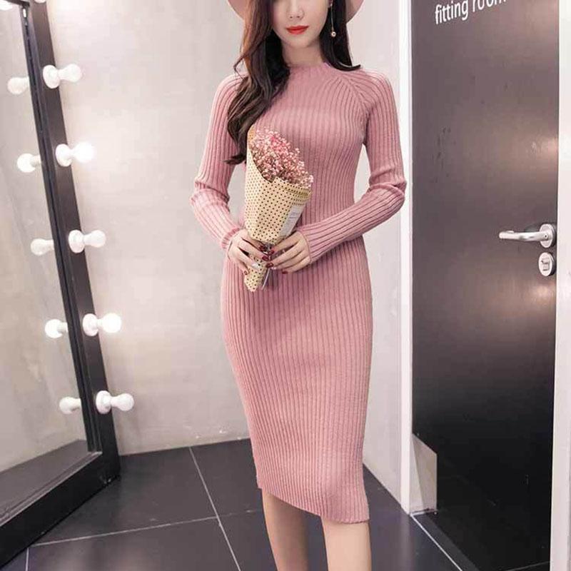 Autumn and Winter Long Over-the-knee Sweater Skirt Half High Neck Bottoming Slim Dress Thickened Hip Knitted Dress