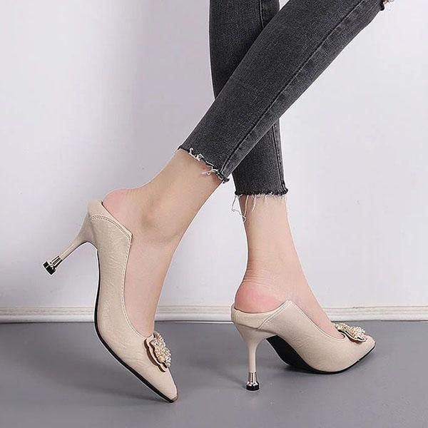 Women's Spring and Summer Soft Leather High Heels Genuine Leather Stiletto Shoes Rhinestone Butterfly Shoes for Office Ladies