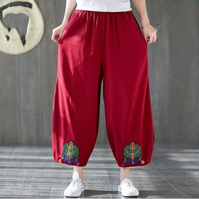 WTEMPO L-XXXXL Cotton Linen Pants Women Ethnic style Loose Elastic Waist Solid Color Casual Trousers