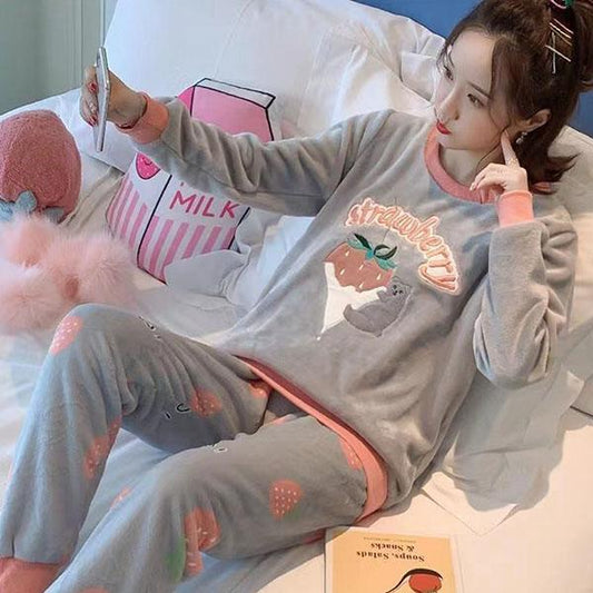 Autumn and Winter Flannel Sleepwear Women's Winter Long-sleeved Cute Cartoon Thick Coral Fleece Pajamas Suit