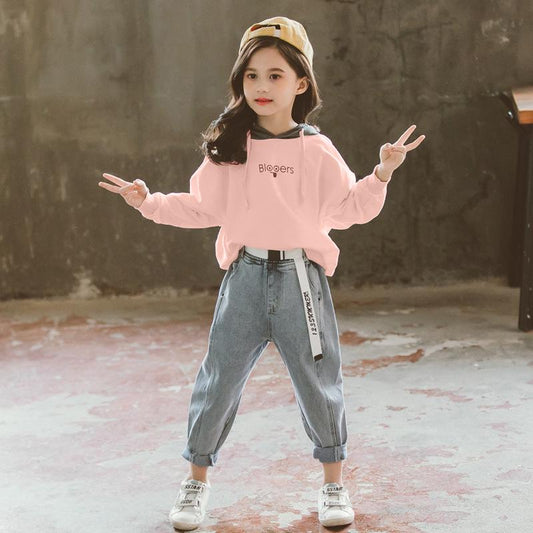 Fashion Children's Clothing Girls Pullover Hooded Sweater Jeans Two-piece Casual Spring and Autumn Loose Sports Suit