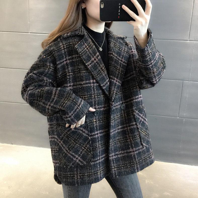 Woolen Coat Women Winter Thick Plaid Suit Jacket Woolen Coat Women