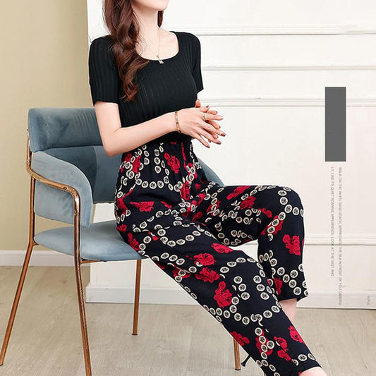 Summer Women's Pants Women's Flower Pants Large Size Elastic Waist Straight Pants Middle-aged Printed Fashion Casual Pants Summer