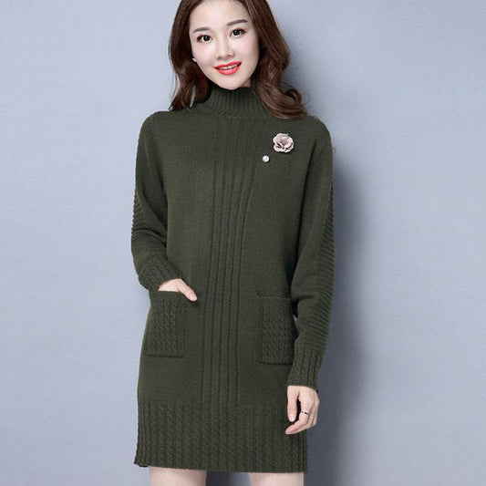 Mid-length Loose Dress In Autumn and Winter Casual Knitted Pullover Base Skirt Half-high Collar Thickened Female Sweater Dress