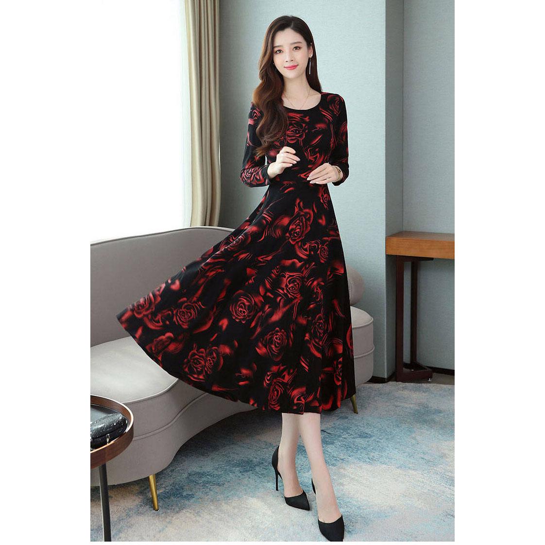 Women's Plus Size Long Floral Skirt Spring and Autumn Women's Round Neck Printed Slim Dress