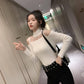 Pofulove Spicy Lady Must- Have Off-the-shoulder Half Turtleneck Shirt Mesh Stitched Sexy Knitwear