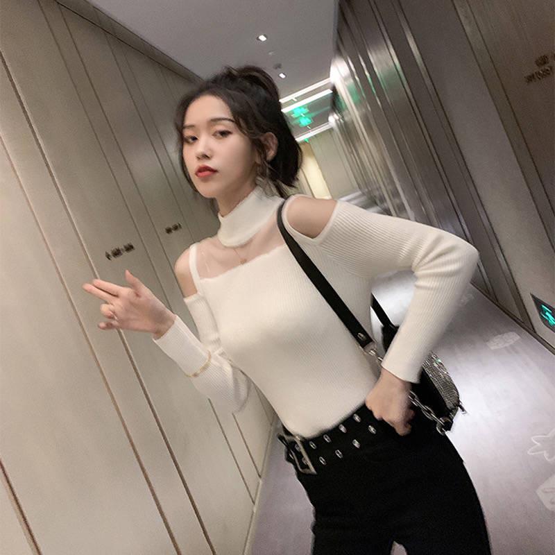 Pofulove Spicy Girl Must-have Off-the-shoulder Half Turtleneck Shirt Mesh Stitched Sexy Knitwear