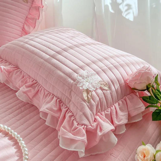 Korean Version Lotus Leaf Edge Cotton Solid Color Pillow Cover Princess Style Lace Lace Pillow Core Cover 48*74Cm