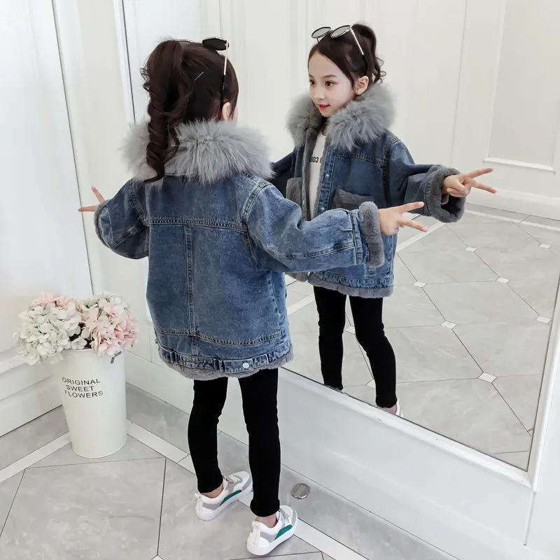 Girls Denim Warm Coat Winter Korean Children's Winter Clothes Fleece Padded Windproof Jacket