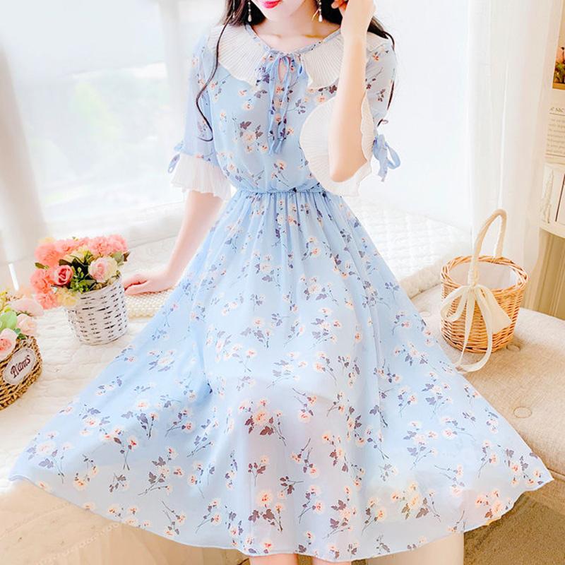 Large Size Dress Summer Mid-length Sweet and Lovely Floral Chiffon Dress Female Temperament Elegant Waist Slimming Slim Chiffon Dress