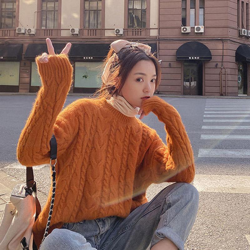 Thick Sweater Women Knitted Ribbed Pullover Sweater Long Sleeve Round Neck Jumper Soft Warm Autumn Winter
