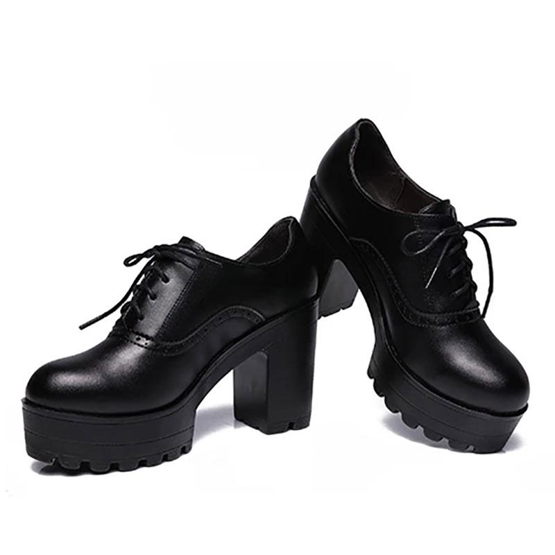 Women's 10cm High Heels Round Toe Thick-heeled Leather Shoes British Style Black Thick-soled Waterproof Platform Deep-mouth Shoes Model Shoes