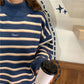 Pofulove 2 Colors High-Collar Over Size Sweet Hit Color Striped Girly Lantern Cuffs Pullover Sweater