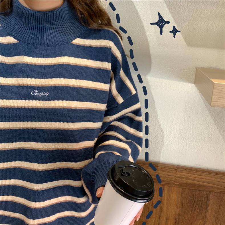 Pofulove 2 Colors High-Collar Over Size Sweet Hit Color Striped Girly Lantern Cuffs Pullover Sweater