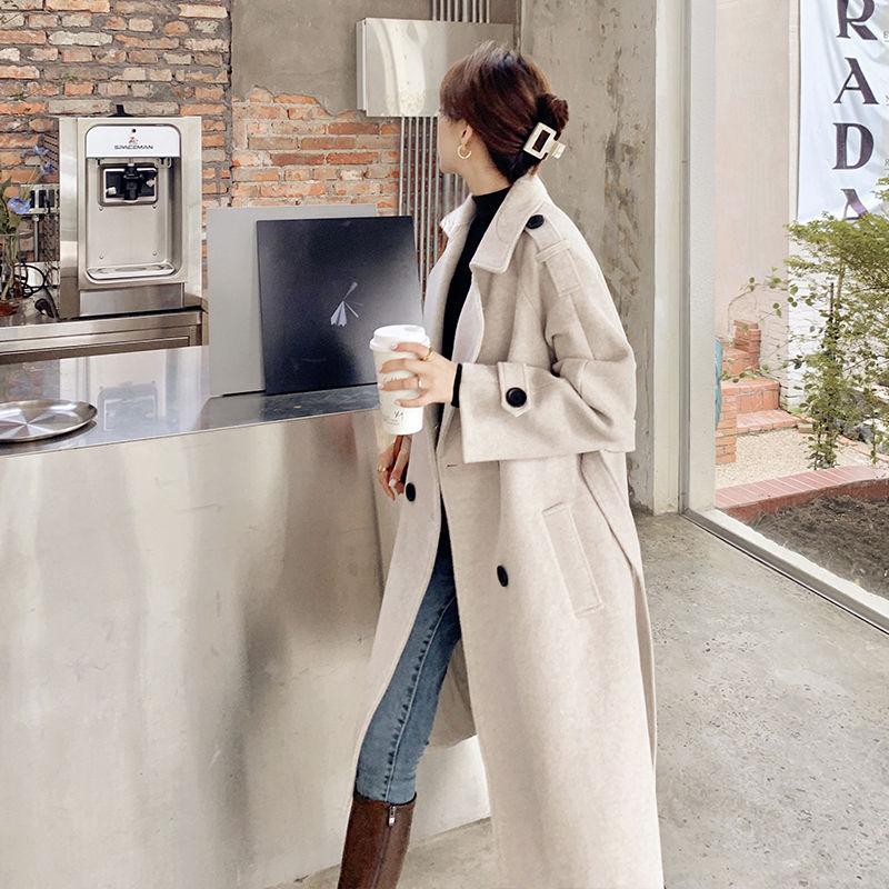 Fashion Women's Mid-length Woolen Coat Knee-length Waist Hepburn Style Thick Woolen Coat