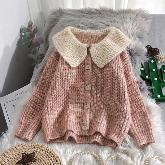 Short Doll Collar Sweater Cardigan Women's Spring and Autumn Sweet and Loose Student Sweater Coat Thickening