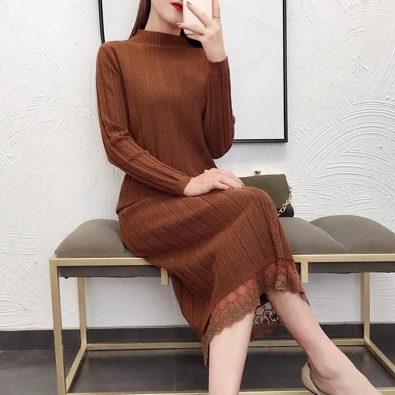 Women's 2 Pieces Winter Dress Set Korean Style Solid Knitted Sweater Mid-high Collar Slim Fit Top Sweater Mid-length Dress Knitwear Lace Edge