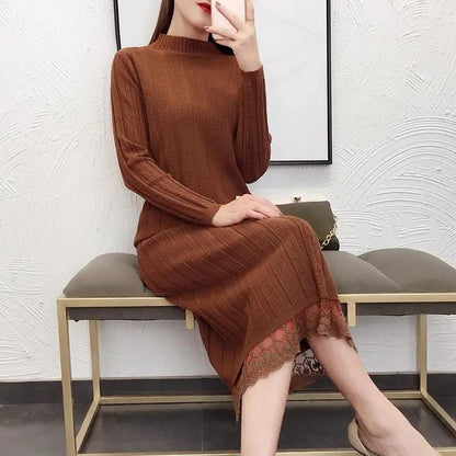 Women's 2 Pieces Winter Dress Set Korean Style Solid Knitted Sweater Mid-high Collar Slim Fit Top Sweater Mid-length Dress Knitwear Lace Edge