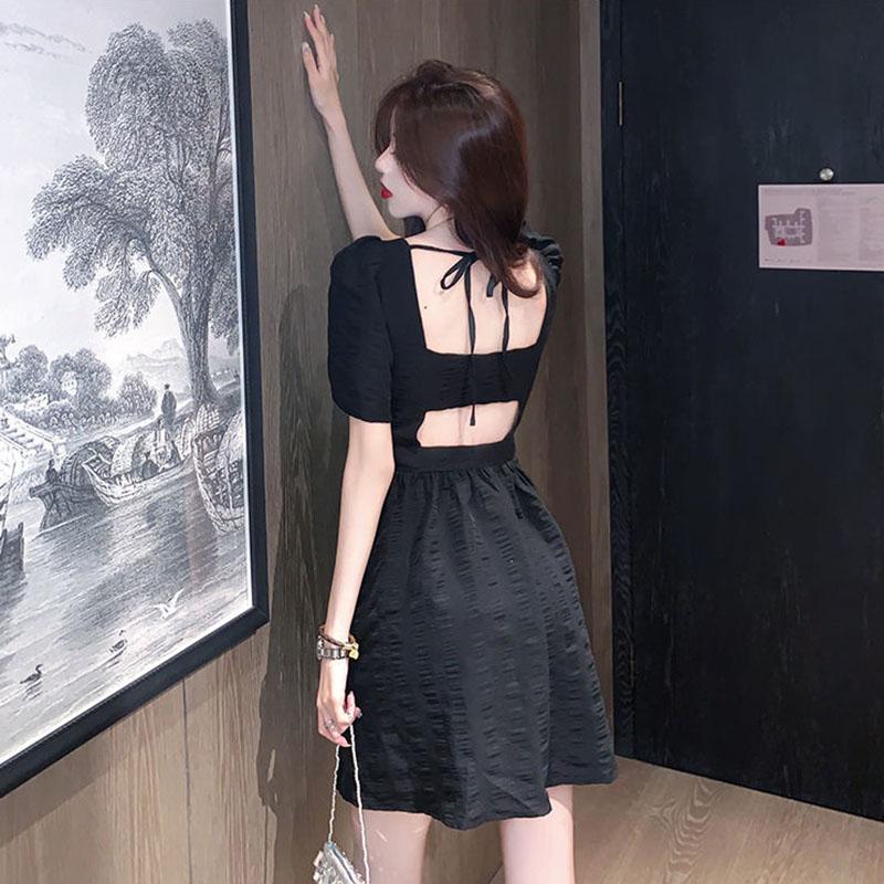 Women's Summer Dress Square Neck Thin Puff Sleeves Solid Color A-Line Skirt