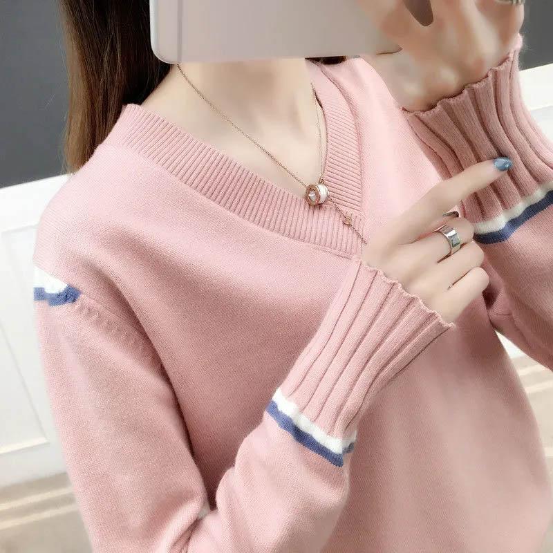 Women Sweater Winter Long Sleeve Sweater V-Neck Pullover Slim Knit Basic Knitted Sweaters