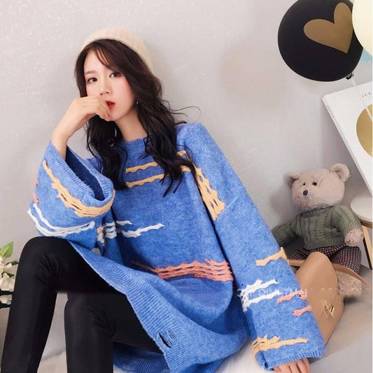 Winter Round Neck Thick Loose Sweater Women Outer Wear Inside Flare Sleeve White Sweater