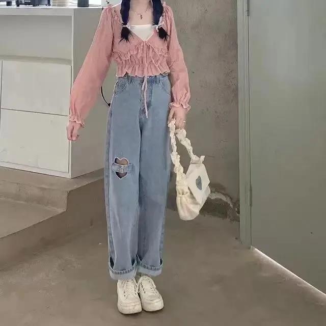 Broken Hole Jeans Female Spring and Autumn High Waist Loose Wide Leg Straight Pants Love