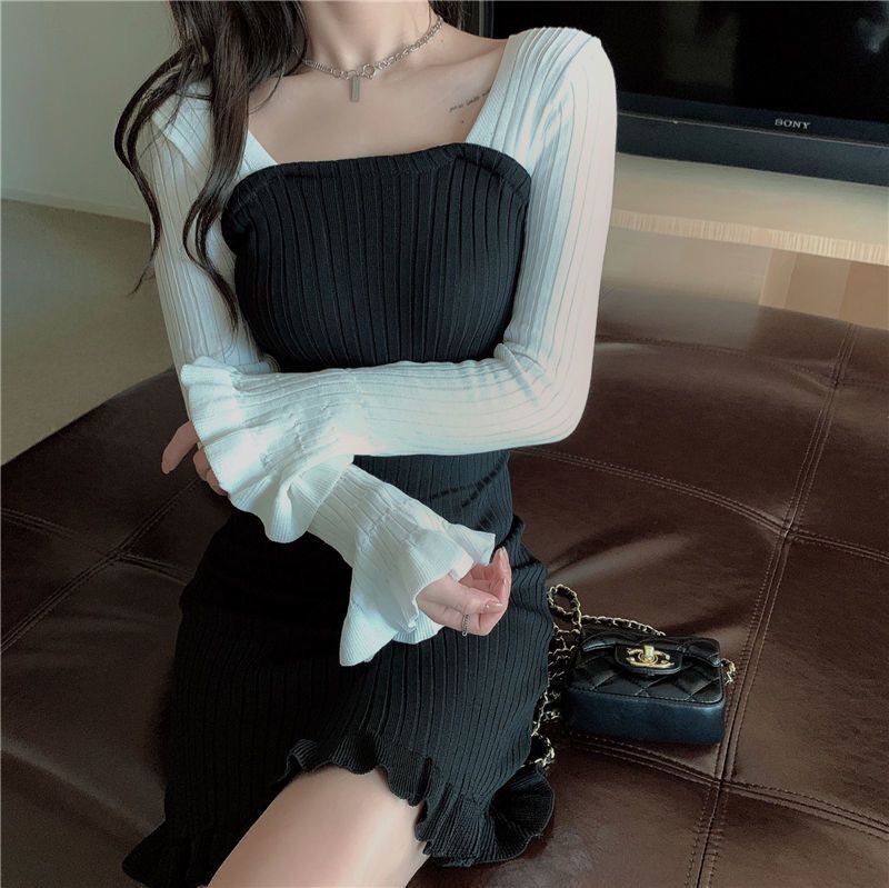 Sweet Wood Ear Knitted Skirt Autumn Stitching Contrast Color Exposed Clavicle Dress