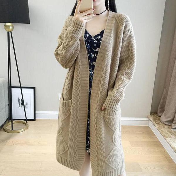 Autumn and Winter Casual Pocket Coat Mid-length Loose Long-sleeved Sweater Solid Color Twist V-neck Cardigan