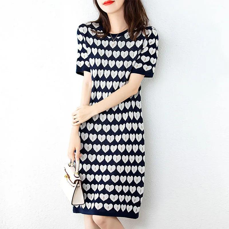 Round Neck Heart Pattern Short-sleeved Dress Drape Thin Temperament Elegant Straight Skirt Women's Summer Loose and Thin Printed Dress