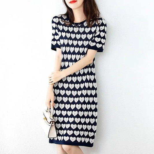 Round Neck Heart Pattern Short-sleeved Dress Drape Thin Temperament Elegant Straight Skirt Women's Summer Loose and Thin Printed Dress
