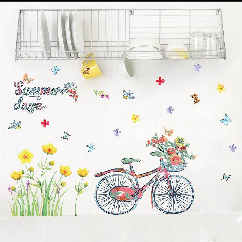 [Wall sticker] cartoon summer bicycle butterfly flowers birds wall stickers for kids rooms bedroom k