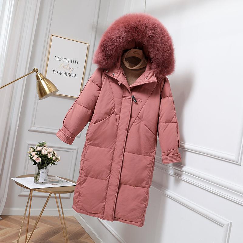 Women's Down Jacket Mid-length Over-the-knee Thickening and Long Fur Collar Hooded Slim Coat