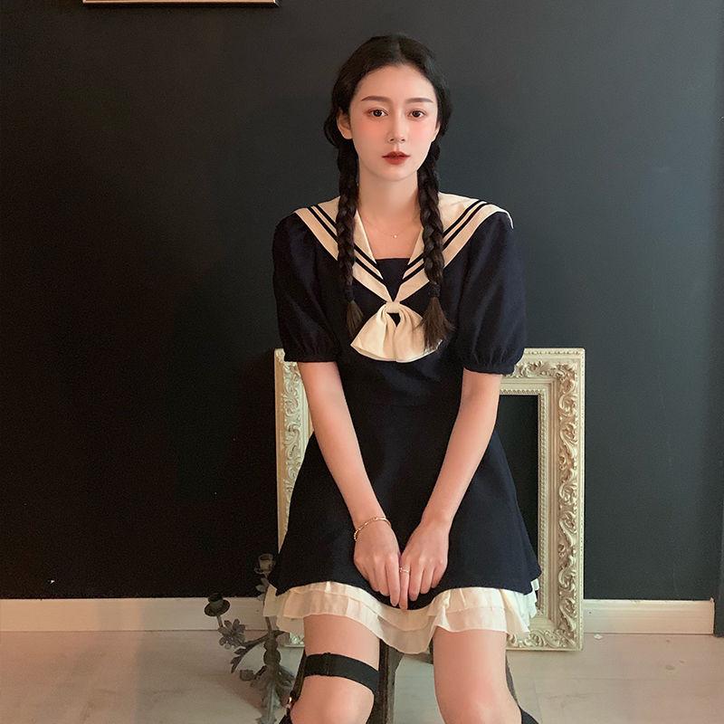 Lolita Sailor Suit Solid Color Cute Sweet Girl College Style Age Reduction Looser  Short Sleeve Dress