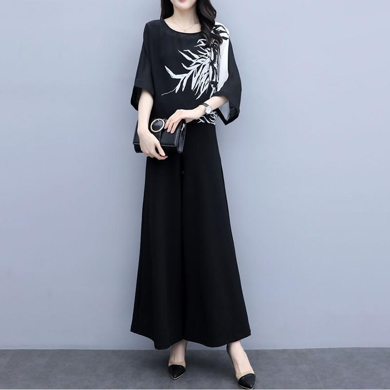 Women's Black Two-piece Wide-leg Trousers Printed Belly Slimming Shirt Casual Suit Women's Plus Size Temperament Casual Loose Suit