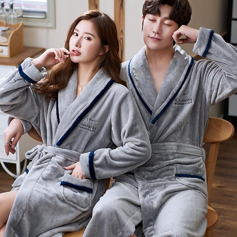 Autumn Winter Pajamas for Women Men Couple Nightgown Thick Velvet Flannel Bathrobe Coral Fleece Long Sleeve Pyjamas Casual Loose Homewear Sleepwear