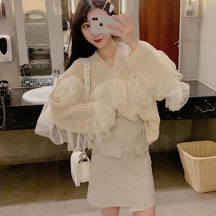 Women Black Sexy V-neck Lace Pullover Sweater Wild Thin Skinny Knitted Bottoming Shirt Coat