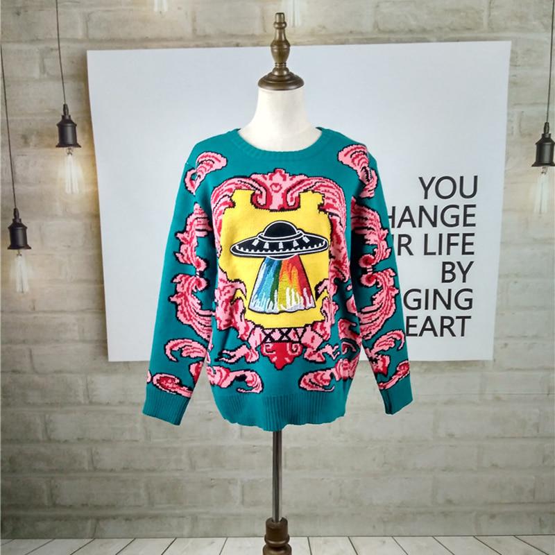 Unisex Vintage Thicken Sweater UFO Clouds Jacquard Pullover Winter Knitted Retro Loose Top