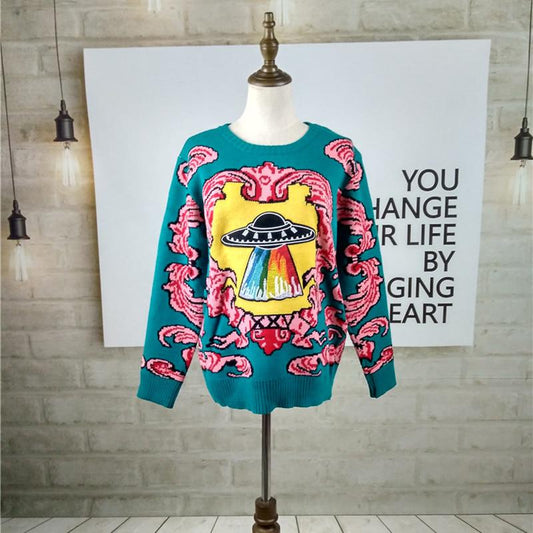 Unisex Vintage Thicken Sweater UFO Clouds Jacquard Pullover Winter Knitted Retro Loose Top