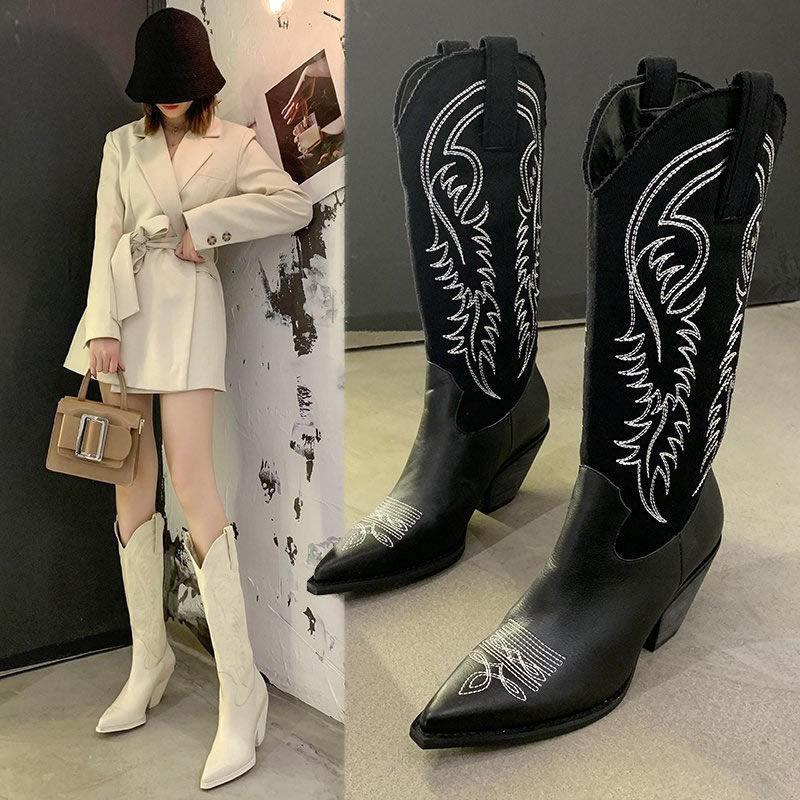 Women's Knee-high Leather Boots Autumn Winter High Boots Thick Heel Martin Boots Western Cowboy Boots