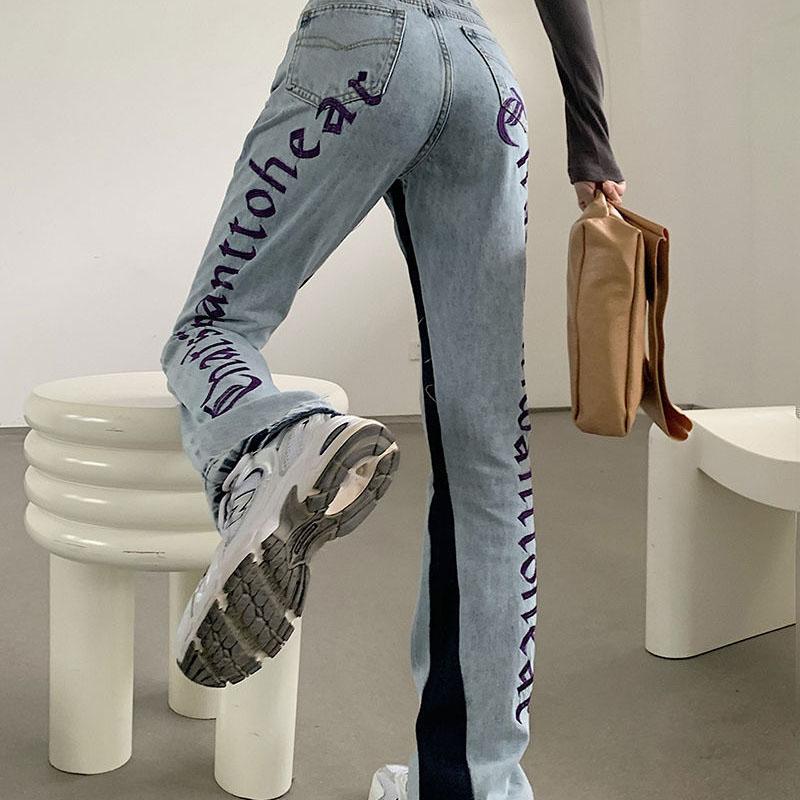 Women's Letter Print Washed High Waist Straight Loose Casual Long Flared All-match Jeans