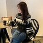 Pofulove women's hooded long-sleeved sweater Loose wind thickening contrast color short sweater
