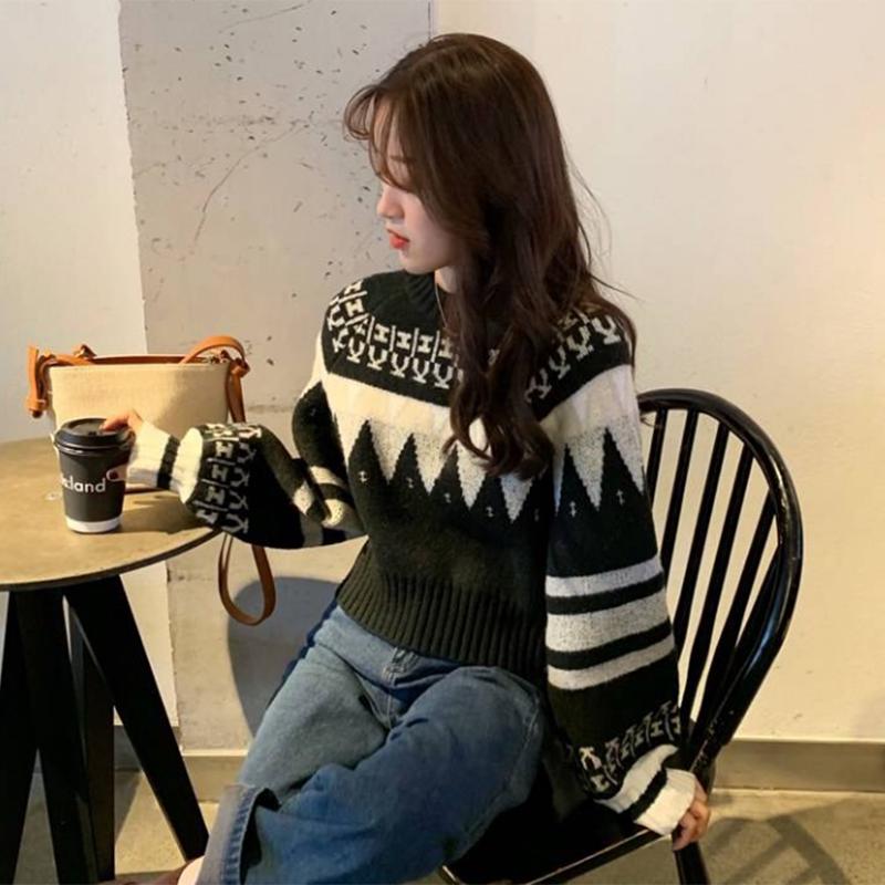 Pofulove women's hooded long-sleeved sweater Loose wind thickening contrast color short sweater