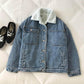 Women's Thick Denim Jacket Autumn and Winter Korean Style Wild Mid-length Lamb Hair Plus Velvet Cotton Clothes Women