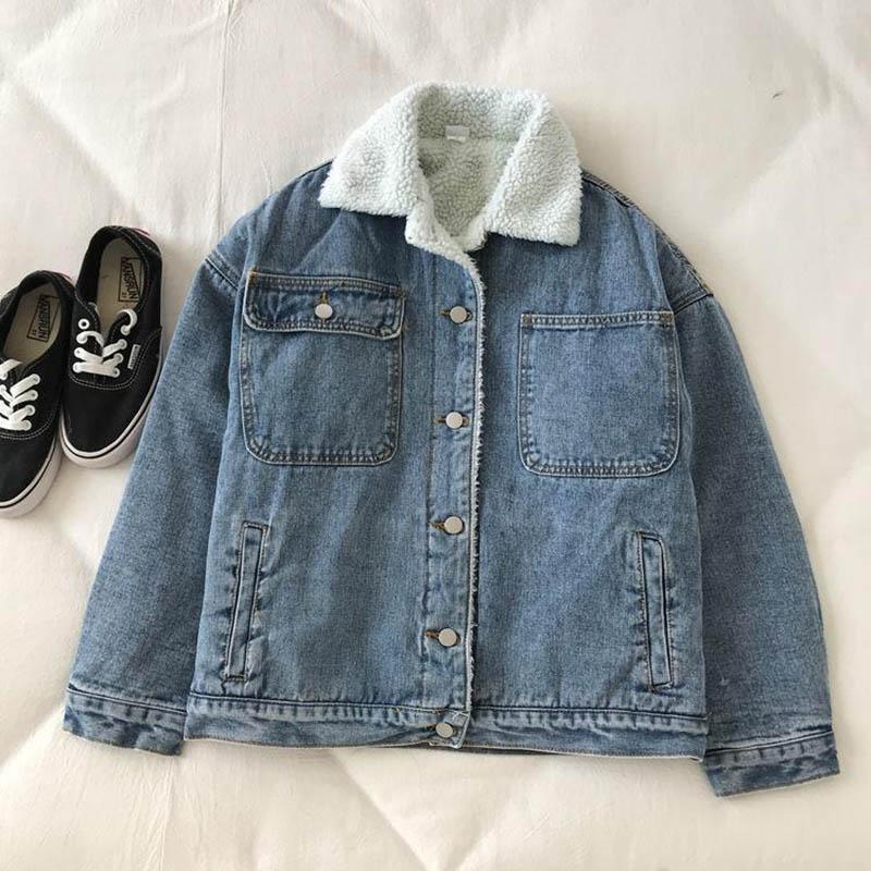 Women's Thick Denim Jacket Autumn and Winter Korean Style Wild Mid-length Lamb Hair Plus Velvet Cotton Clothes Women
