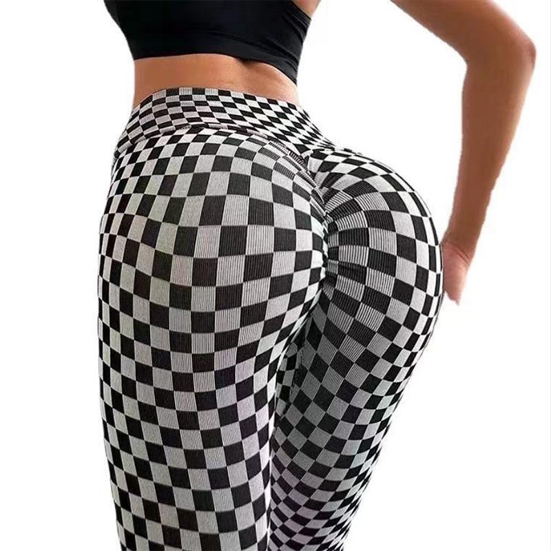 Spring and Autumn Peach Buttocks Checkerboard Plaid Fitness Pants Women's High Waist Hip Lift Tight Running Sports Yoga Pants
