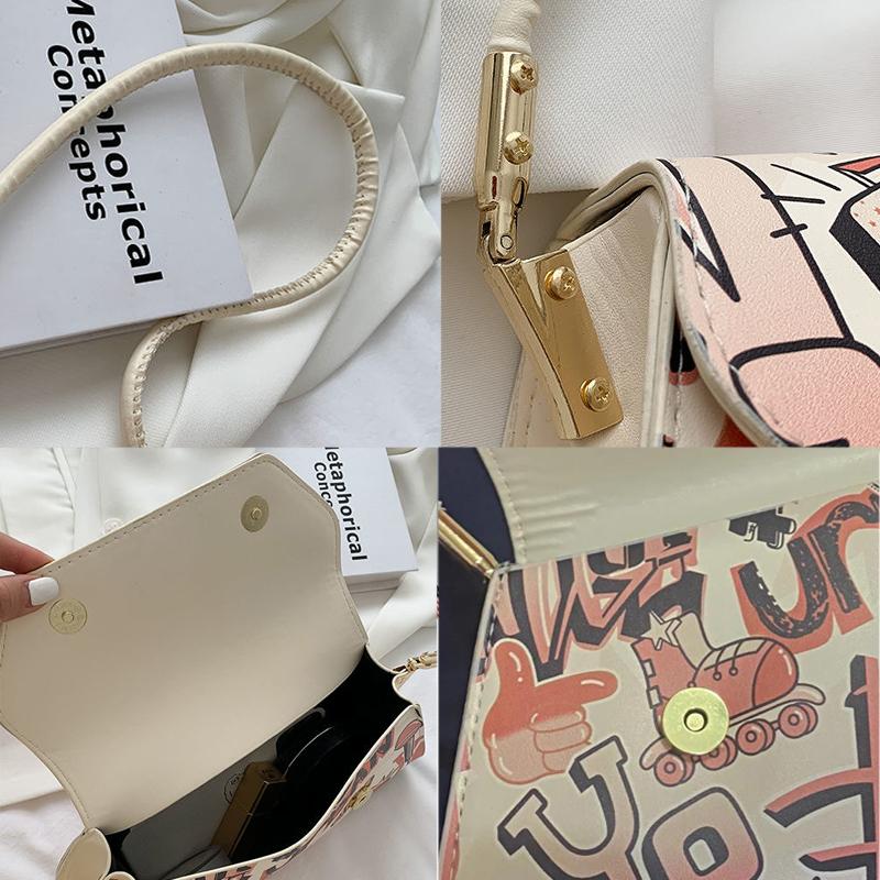 Comic Doodle Pattern PU Leather Armpit Bag for Women Shoulder Handbags Lady Elegant Baguette Bag