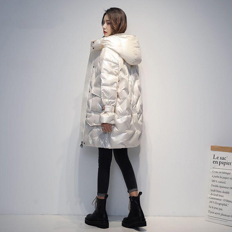 Hooded Down Jacket Women's Mid-length White Patent Leather Glossy Thick White Duck Down Winter Loose Warm Jacket Women