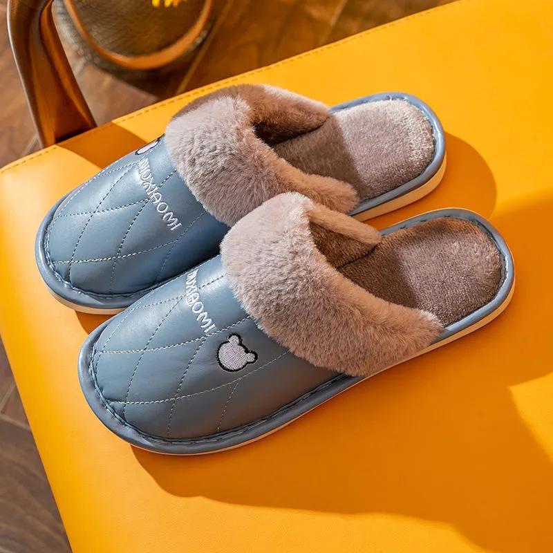 Women Winter Slippers Pu Leather Fleece Thick Warm Plus Size Men Slides Home Casual Cotton Shoes Pink Slippers Women